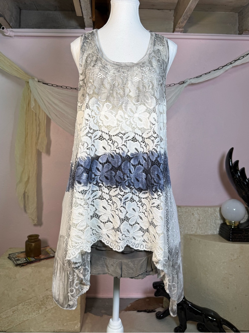 Y2K Patchwork Lace Asymmetrical Tunic Top – Size Large